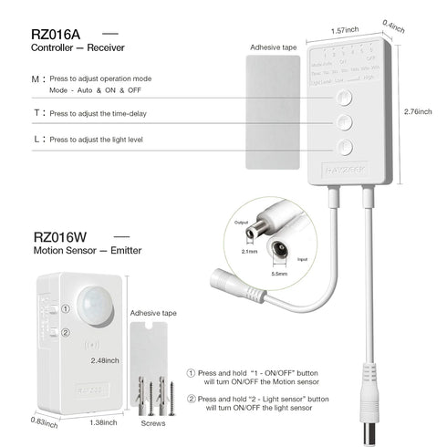RAYZEEK 12/24VDC Dimmable, Wireless Motion Sensor Controller Kit - No Wiring Mini PIR Sensor Switch RF Wireless Control