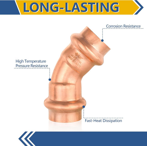 10-Pack Copper Press Elbow, GUOFIS, 1/2" x 1/2" 45° Elbow Fittings