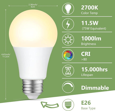 A19 Bulbs Dimmable,75W 1000 2700K E26 15000-Hour 11.5W Bulbs, 6 Pack Sigalux LED Light Equivalent Lumens, Soft White
