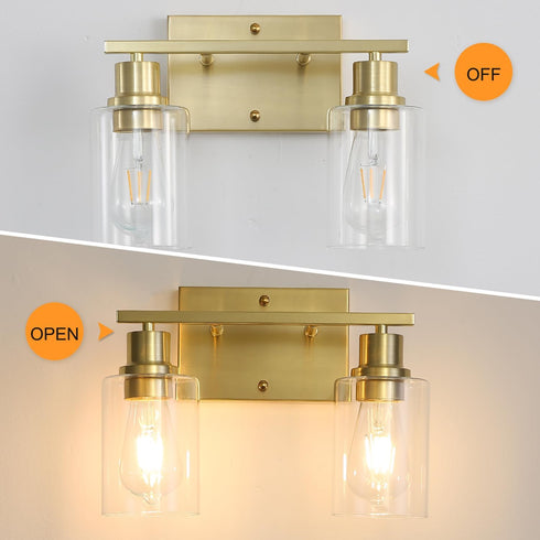 Set 2, 1-Light E26 Brass Bedside Wall Sconces of Gold Bathroom Vanity Lights Fixtures with Clear Glass Shade, Farmhouse