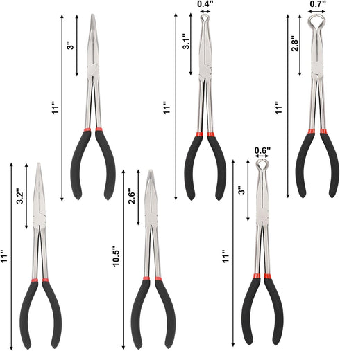 6PCS Set, 11" 45 90 5/16", 1/2" 3/4" Mayouko Extra Long Reach Pliers Straight, and Bent Nose, and Circle Nose Pliers