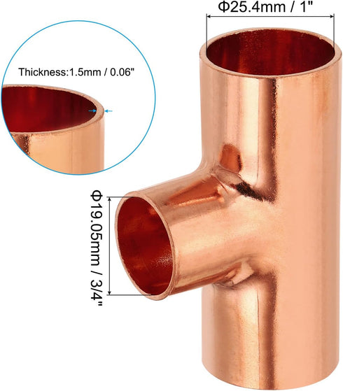 PATIKIL 1" x 3/4" x 1" ID Reducing Tee Copper Fitting, 2pcs 99.9% Pure Copper Pipe Connector