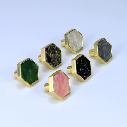Gold Hexagon Cabinet Knobs, Modern Furniture Knob and Handles, 4 Pcs Kitchen Cabinet Handles with White Zinc Alloy Pull