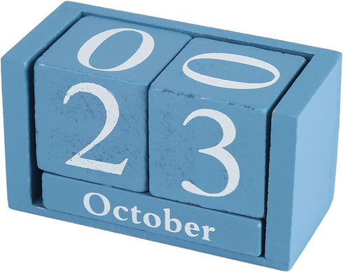 European Perpetual Wooden Calendar, Desktop Block Wood Calendar DIY Yearly Planner, 9.4 x 5.2 x 4.1cm (Blue)