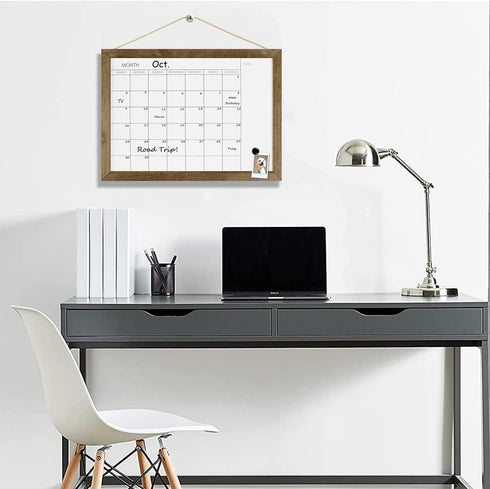TORASO Dry Erase Monthly Calendar Board, Solid Pine Wood Rustic Brown Frame Magnetic Whiteboard for Wall