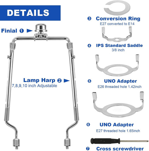 7" 8" 9" 10" 1/8 E14, E26, E27 Lamp Shade Harp Holder Kits Adjustable fit for Standard IP, Lamp Harp Saddle with Lamps