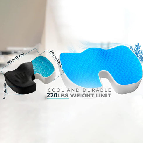 Tailbone Cooling Gel Seat Cushion for Long Sitting - Memory Foam Chair Pillow for Sciatica Pain Relief - Orthopedic Gel