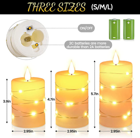 Wax,3 Pack-Ivory Da by Flameless Candles with String Lights, Battery Operated Candles with Remote and Timer, LED Pillar
