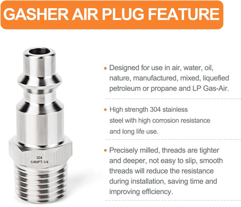 GASHER 5PCS Industrial Air Plug, 304 Stainless Steel 1/4"NPT Male High Flow Pneumatic Plugs