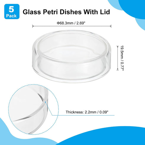 PATIKIL 60mm High Borosilicate Glass Petri Dishes with Lids, 5 Pcs Petri Plates for Lab Science Experiment, Clear