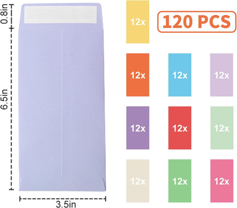 Cash Envelopes 120 Pack 3.5x6.5inch, Colored Coin Envelopes for Budgets, Checks, Coins, Jewelry, Small Items