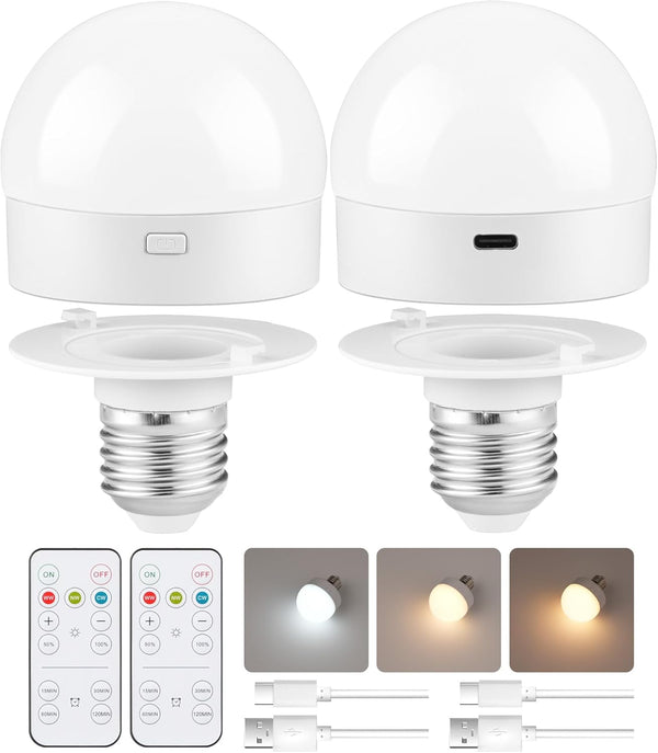 Rechargeable Light Bulbs with Remote Control, 2 Pack, Battery Operated, Timer, Dimmable Wireless Puck LED Bulb