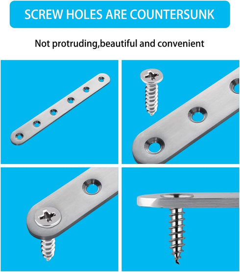4 Pieces Stainless Steel Straight Brace (6.1 x 0.7 inch) with 24 Screws Included, Flat Straight Brackets