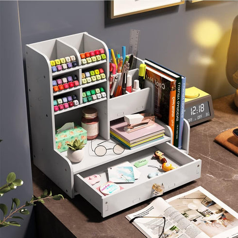 Upgraded Desktop Stationary Organizer with Drawer, DIY White Pencil Holder for Home, Office and School Tidy Caddy