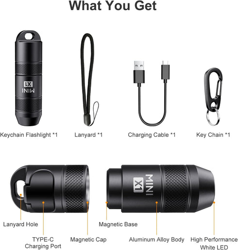 BBSDA 100 IPX6, Mini Keychain Flashlight Instant On Pull to Light, Lumens Tiny EDC Flash Light, USB-C Rechargeable