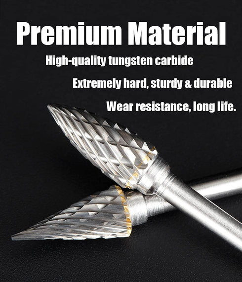 Tungsten Carbide Rotary Burr Set for Dremel, 10PCS Double Cut Carving Bits with 1/8 Shank for Woodworking