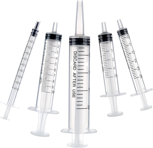 5pcs Plastic Syringes - 1ml, 3ml, 5ml, 10ml, 20ml, Reusable No Needle Measuring Syringes for Lab, Pet Feeding, Oil