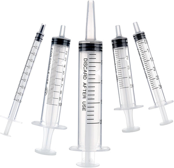 5pcs Plastic Syringes - 1ml, 3ml, 5ml, 10ml, 20ml, Reusable No Needle Measuring Syringes for Lab, Pet Feeding, Oil