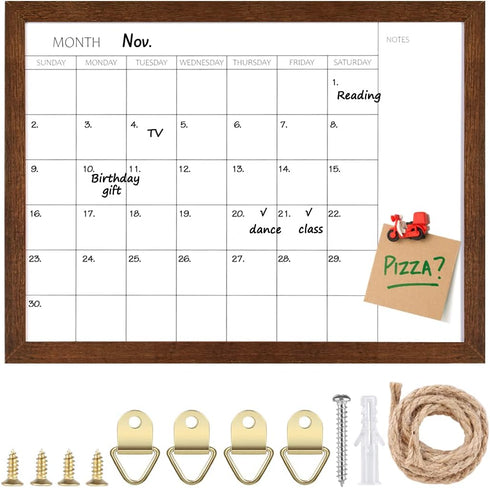 TORASO Dry Erase Monthly Calendar Board, Solid Wood Frame Magnetic Whiteboard for Wall, 12"x 16" Walnut Brown