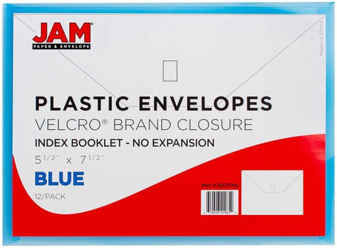 JAM PAPER Plastic Envelopes with Hook & Loop Closure - Index, 5 1/2 x 7 1/2, Blue, 12/Pack