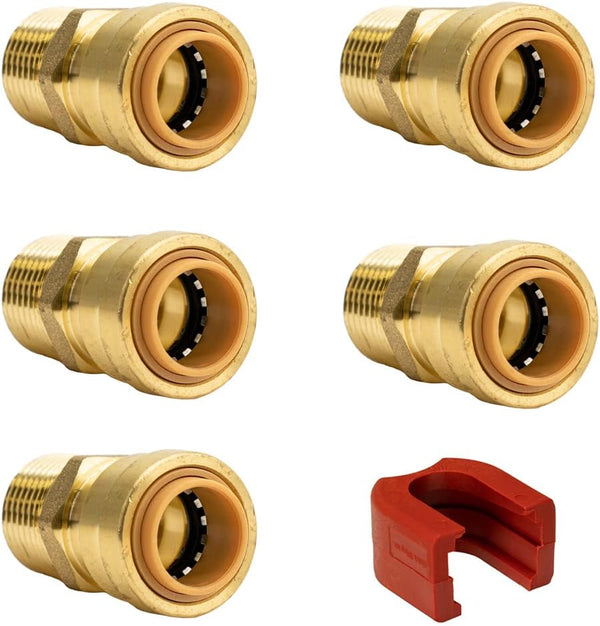 QuickFitting 1/2 x 1/2 inch MNPT Male Adapter, Brass Push to Connect Plumbing Fitting, 5-Pack