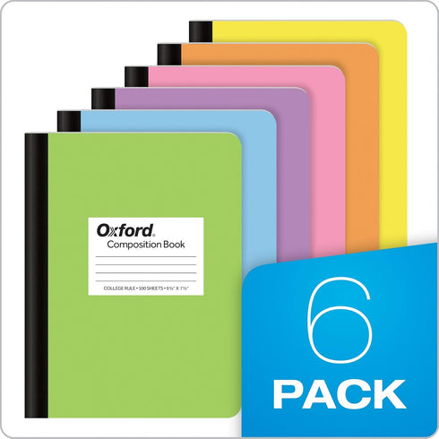 Oxford Composition Notebooks, 6 Pack, Assorted Pastel Covers, 100 Sheets, College Ruled Paper, 9-3/4 x 7-1/2 Inches