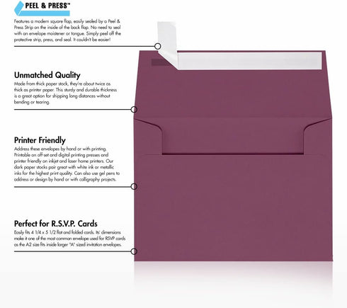 LUXPaper A2 Invitation Envelopes, Peel & Press, 4 3/8" x 5 3/4", Vintage Plum, 80lb. Text, 50 Qty