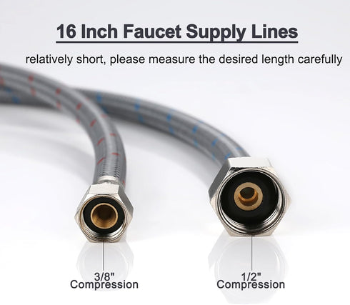 ARCORA 16 Length Faucet Hose Connects Bathroom Kitchen Sink to Water Supply Braided Nylon Supply Line with 3/8" Female Compression Thread x 1/2" Comp 2Pcs (1 Pair)
