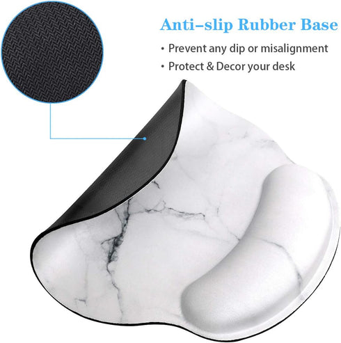 WAVEYU Ergonomic Mouse Pad with Wrist Support, Decorative Non-Slip Rubber Base Mouse Mat for Women, White Marble for