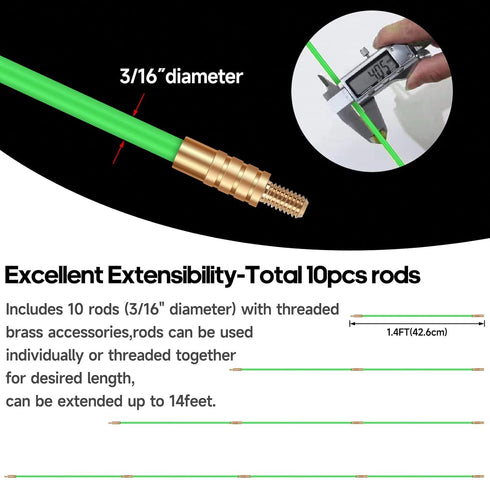 14FT Fiberglass Running Electrical Wire Cable Glow Rods, Fish Rods Electrical Kit with 8 Attachments and Fish Tape