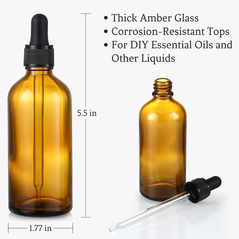 AOZITA 4 Pack 100ml Dark Amber Dropper Bottles with 1 Funnel & 4 Labels, 3.4oz Brown Glass Tincture Bottles for