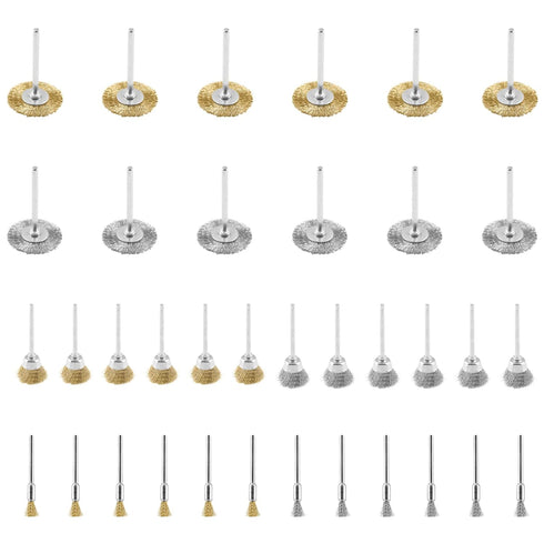 36 Pack Wire Wheel Brush Set, 1/8 Inch Shank Brass and Stainless Steel Rotary Buffing Brush Kit