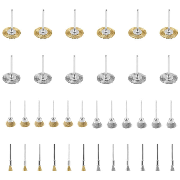 36 Pack Wire Wheel Brush Set, 1/8 Inch Shank Brass and Stainless Steel Rotary Buffing Brush Kit