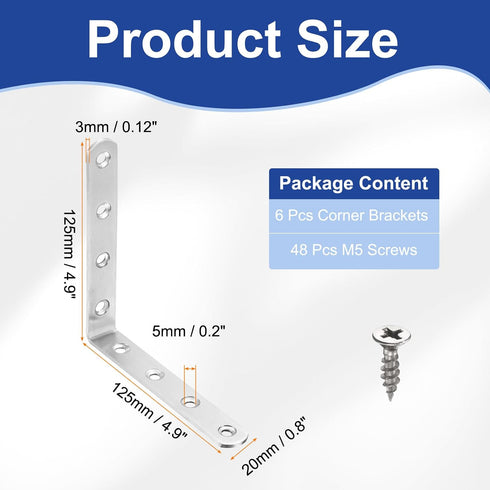 6pcs 4.9" 4.9" 0.8" 90 48 HARFINGTON L-Shaped Corner Bracket x x Stainless Steel Degree Angle Brace Joint Right Corner