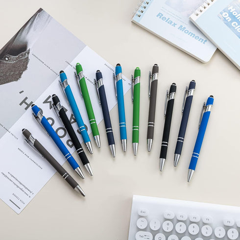 PASISIBICK 12 Pieces Ballpoint Pen with Stylus Tip, 2 in 1 Premium Metal Stylus Pen for Touch Screens, Black Ink (Pack