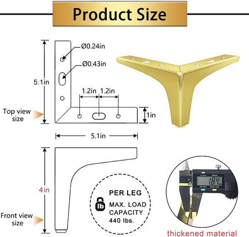 4 Inches, Set 4, GOSCHE Gold Furniture Legs Metal Sofa Legs of Modern Style Replacement Couch Legs for Dresser Chair