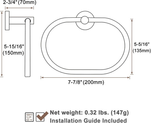 Towel Ring Black & Gold, Suyar Stainless Steel Hand Towel Holder, Oval Shape Towel Rack for Bathroom Wall