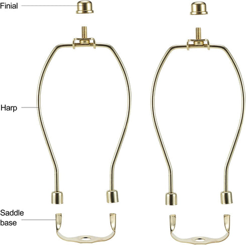 8 Inch Brass Lamp Harp Holder Kits with Finials, Light Duty Set of 2 DIY Lighting Accessories for Horn Frame Lampshade