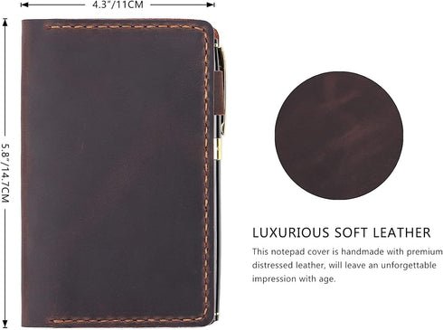 Robrasim Top Bound 3"x5" Memo Notebook Covers, Genuine Leather Cover for 3x5 Top-Spiral Notebook, Note Pad Holder Cover