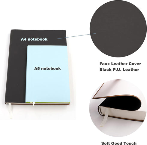 Large Thick Journal Notebook, A4 8.4x11.4 inches, 416 Pages, Soft Faux Leather Cover for Writing, Black
