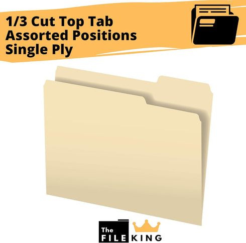 The File King 1/3 Cut File Folders - 100 Pack, Manilla, 8.5 x 11, Assorted 3 Tab Colors, Heavy Duty Office Supplies