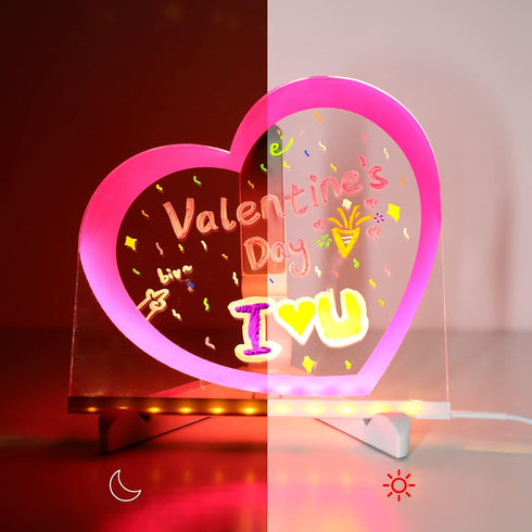 ENUOLI Acrylic Dry Erase Board with Light Pink Heart, LED Message Board with Stand for Desk, 7 Pens for Home & Wedding