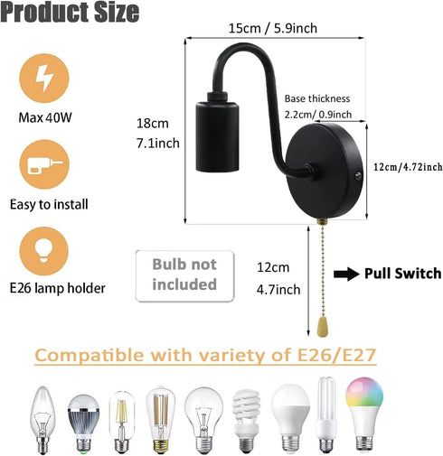 Set 2 E26 Vintage Pull Chain Wall Light Fixtures of Hardwired Wall Sconces with ON Off Switch Retro Black Metal Indoor