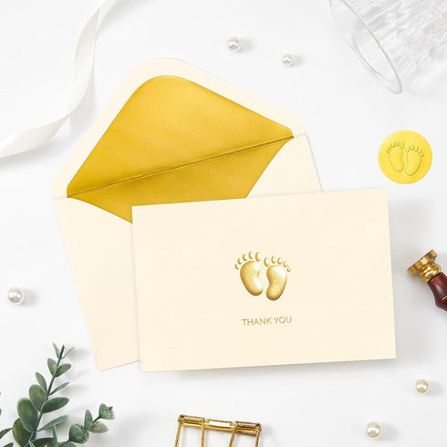 50-Pack 4x6 Inch 300gsm Crisky Embossed Footprint Baby Shower Thank You Cards - Heavy Cardstock with Gold Foil
