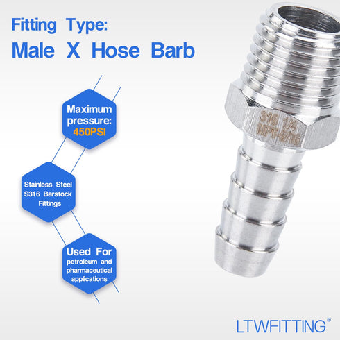 LTWFITTING Stainless Steel 316 Barb Fitting Coupler/Connector, 5/16" Hose ID x 1/4" Male NPT, Pack of 5