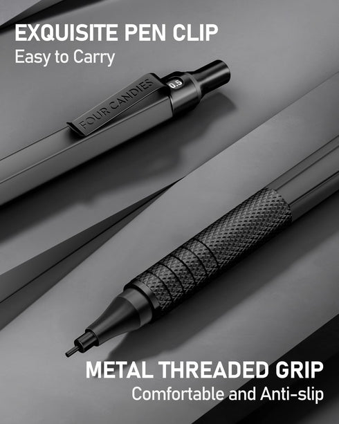 Four Candies 2PCS Metal Mechanical Pencils Set with Case, 0.5mm & 0.7 mm Artist Pencil with 6 Tubes (360PCS) HB Lead Refills, 3 Erasers,9 Eraser Refills For Writing Drafting, Drawing, Black by Four Candies