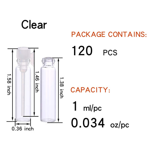 120Pcs 1Ml Mini Cute Empty Glass Perfume Vials – Essential Oils Sample Vials with White Plastic Rod Caps