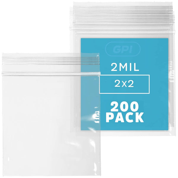 Clear Plastic Reclosable Zip Bags - Bulk GPI Pack of 200, 2" X 2" 2 Mil Thick Durable Poly Baggies for Storage