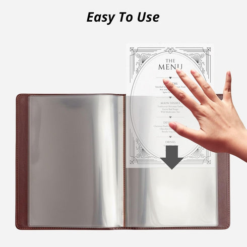 8.5 11, 4 8 Premium Vegan Leather Menu Cover x Page View Menu Folder with Clear Sleeves, Restaurant Menu Holder