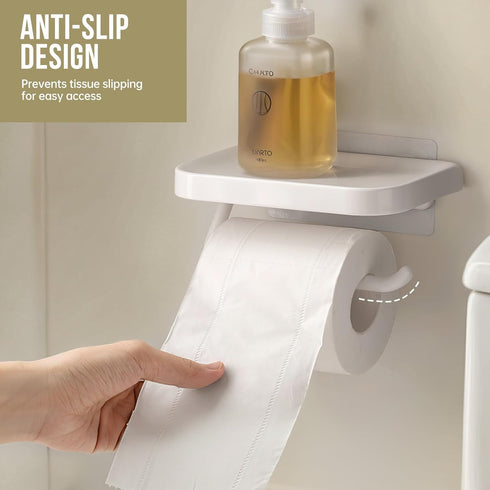 PAVSTINE Adhesive Toilet Paper Holder with Shelf, No Drill Wall Mount Toilet Roll Holder for Bathroom, Waterproof